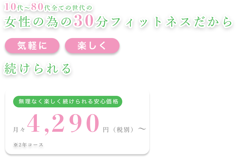 10代〜80代全ての世代の女性の為の30分フィットネスジムだから気軽に楽しく続けられる。無理なく楽しく続けられる安心価格