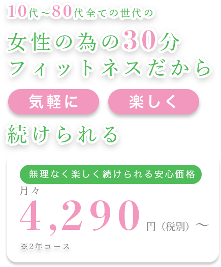 10代〜80代全ての世代の女性の為の30分フィットネスジムだから気軽に楽しく続けられる。無理なく楽しく続けられる安心価格